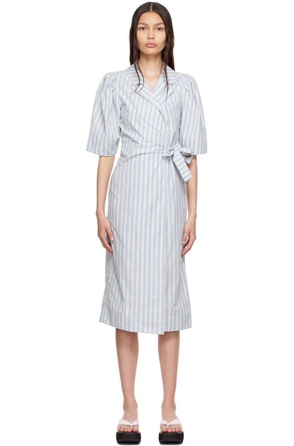 ganni blue and white dress Blue Striped Cotton Smock Long Dress GANNI Azzurro main image 0