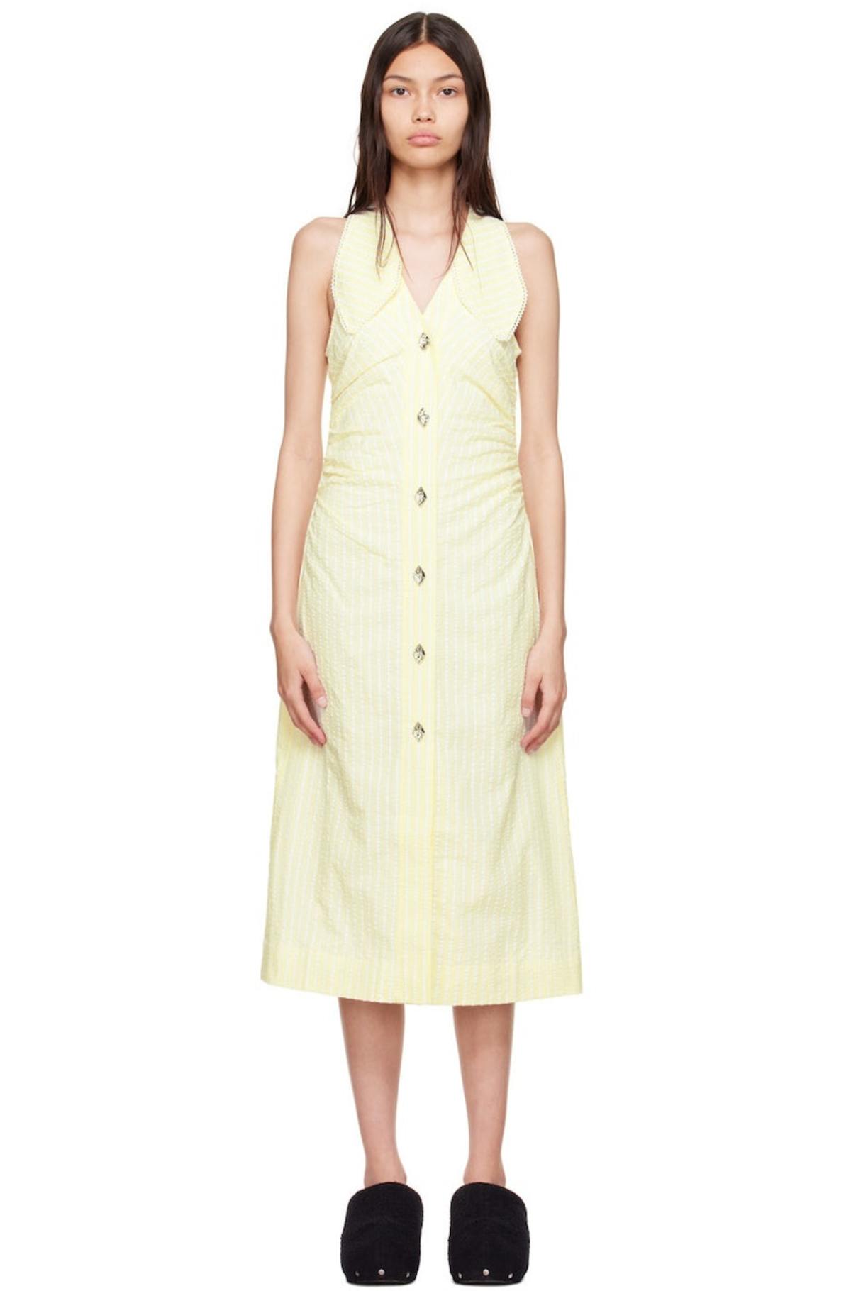 GANNI Yellow Seersucker Midi Dress