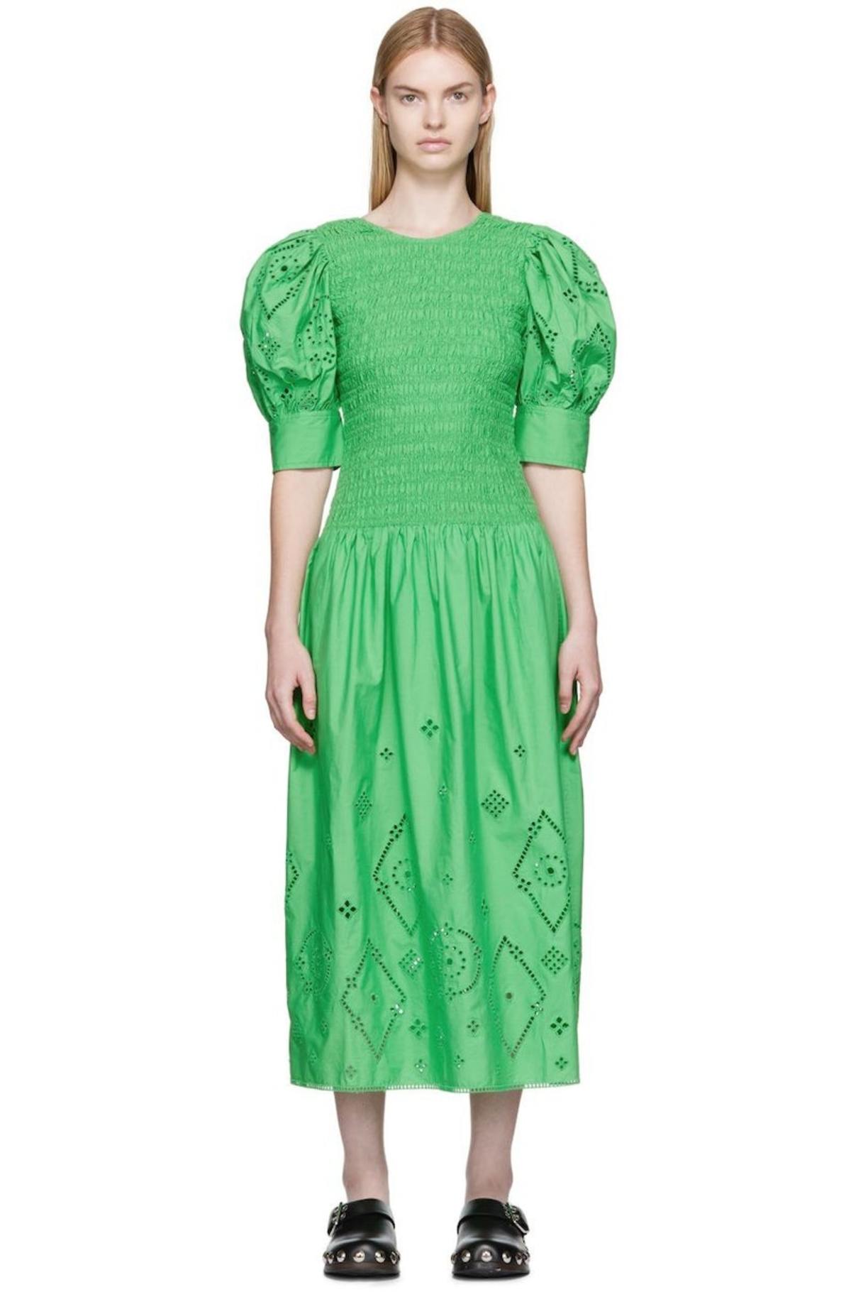 GANNI Green Broderie Anglaise Midi Dress | Garmentory GANNI Green Broderie Anglaise Midi Dress | Garmentory
