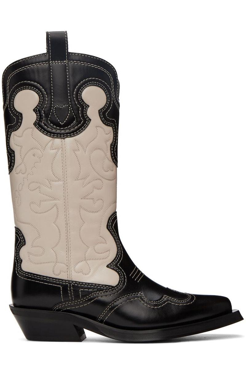 Ganni Embroidered Western Mid-Calf Boots Black/Egret Garmentory