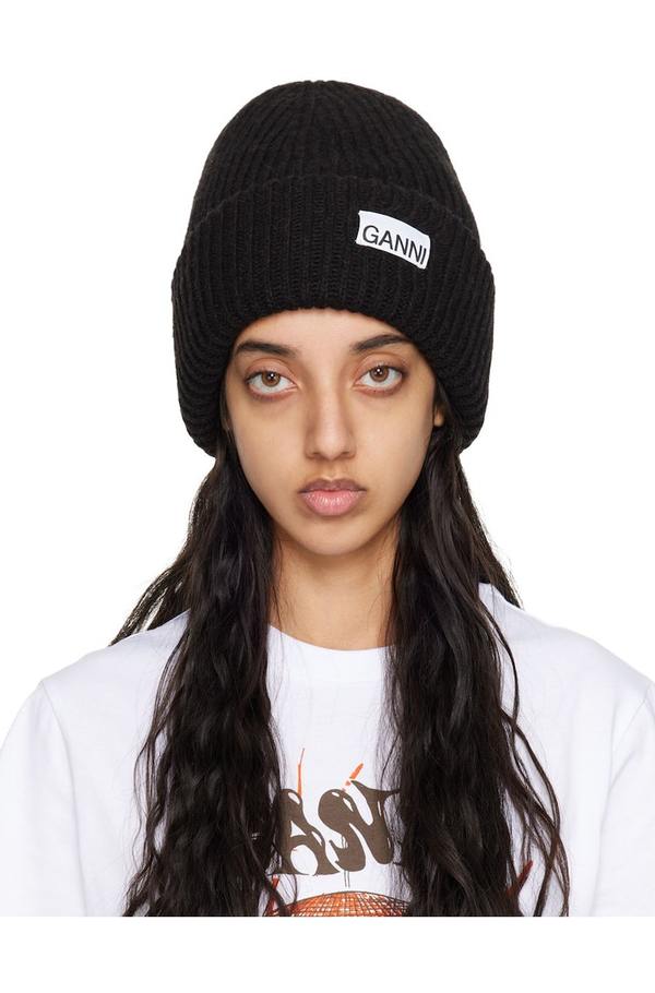 GANNI Rib Knit Beanie - Black GANNI logo-patch ribbed-knit Beanie | Black | FARFETCH GE main image 3
