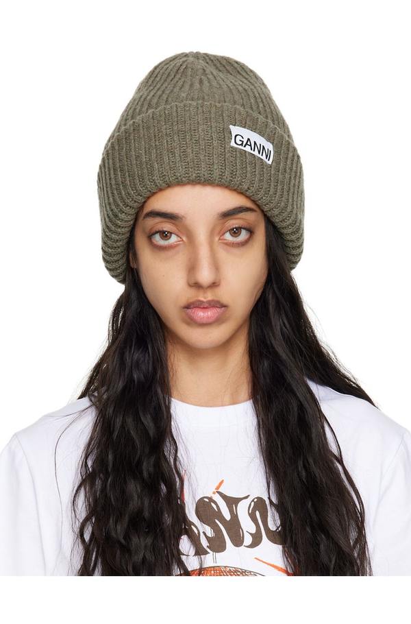 GANNI Khaki Rib Beanie | Garmentory display picture 2