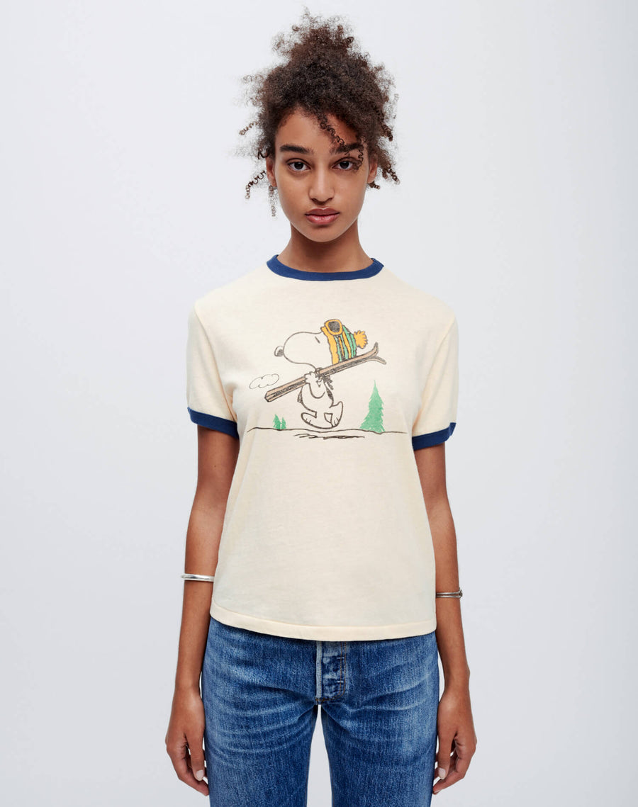“RE DONE” Snoopy Ski Tシャツ VintageIvory Ringer-Snoopy-Ski-Tee-