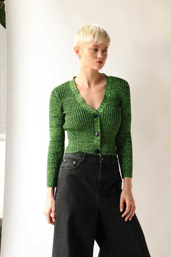 Ganni Cropped Melange Knit Cardigan Green on Garmentory