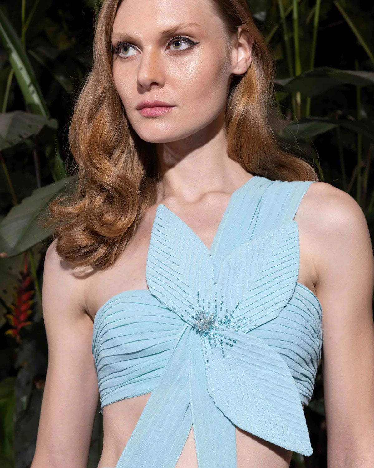 Patbo Flower Applique One Shoulder Gown Island Blue Garmentory