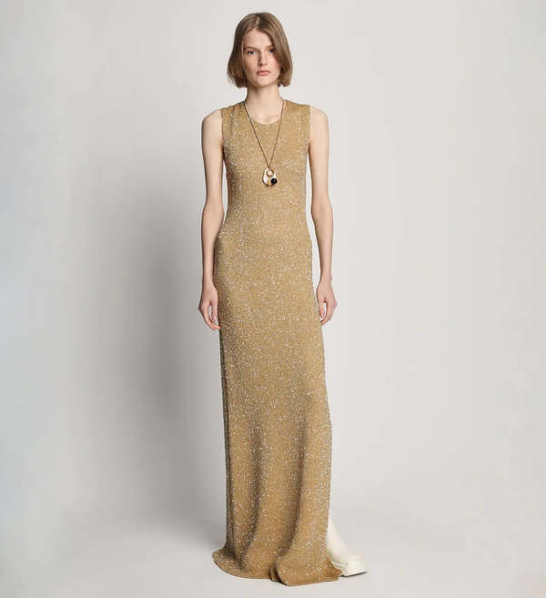 slim fit dress slacks Morticia Maxi Dress in Chain Knit Gold