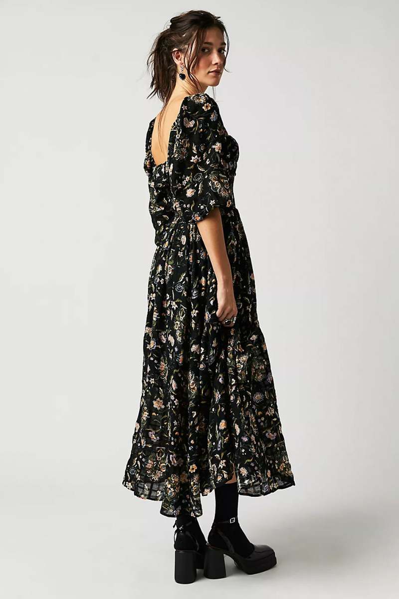 Free People Oasis Printed Midi dress - Black Combo | Garmentory Free People Oasis Printed Midi dress - Black Combo | Garmentory