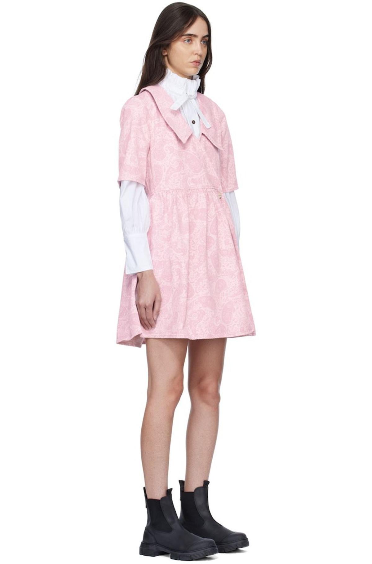 ganni bliss mini dress GANNI Blue Printed Satin Short Sleeve Mini Dress