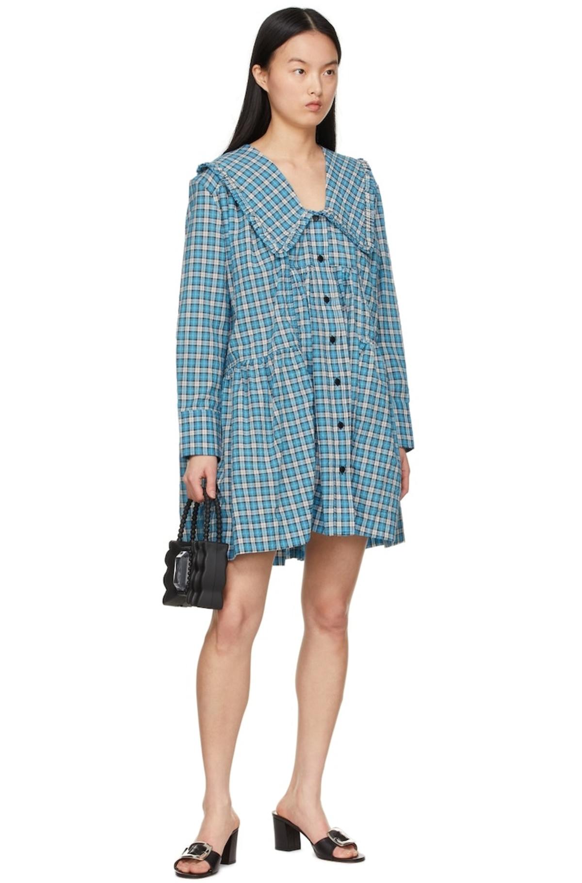 ワンピース Ganni Mini Abito In Cotone Organico GANNI Organic Cotton Mini Dress - Blue | Garmentory