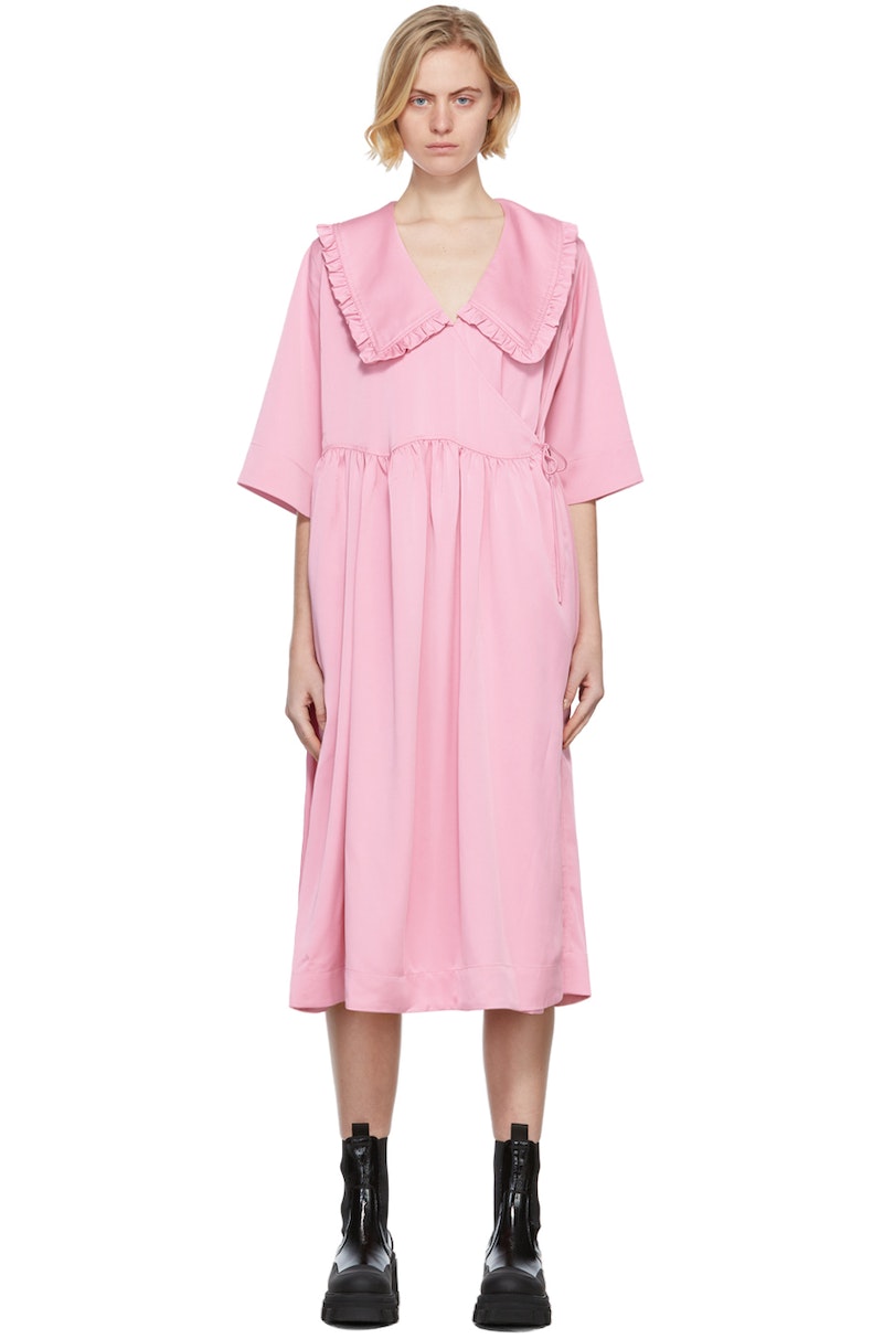 ワンピース GANNI Woman Dress Pink F7640 393 GANNI Satin Oversized Wrap Midi Dress - Pink | Garmentory