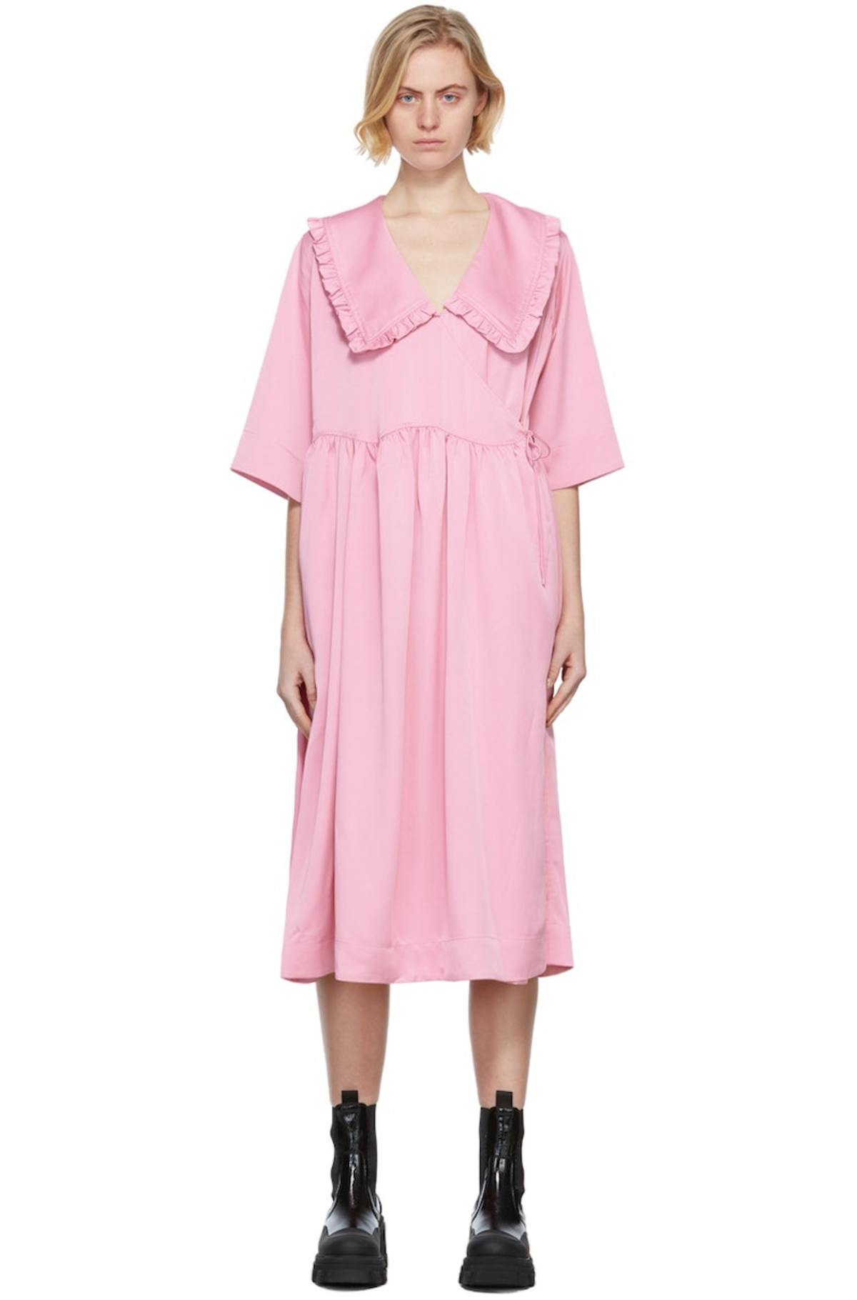 ganni pleated satin dress pink Ganni Belted Pliss-satin Mini Dress In Pink