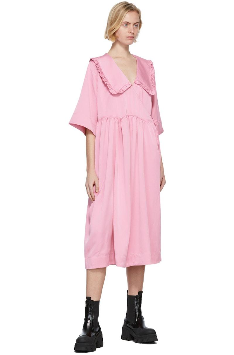 GANNI Satin Oversized Wrap Midi Dress - Pink | Garmentory