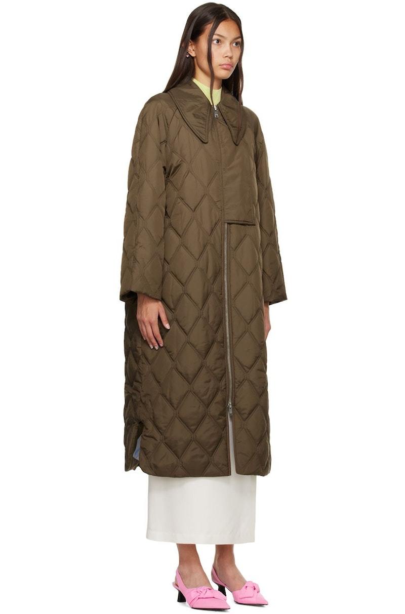 コート Ganni Women's Long Quilted Padded Coat Khaki F9206-861 Ganni Women's Long Quilted Padded Coat Khaki F9206-861