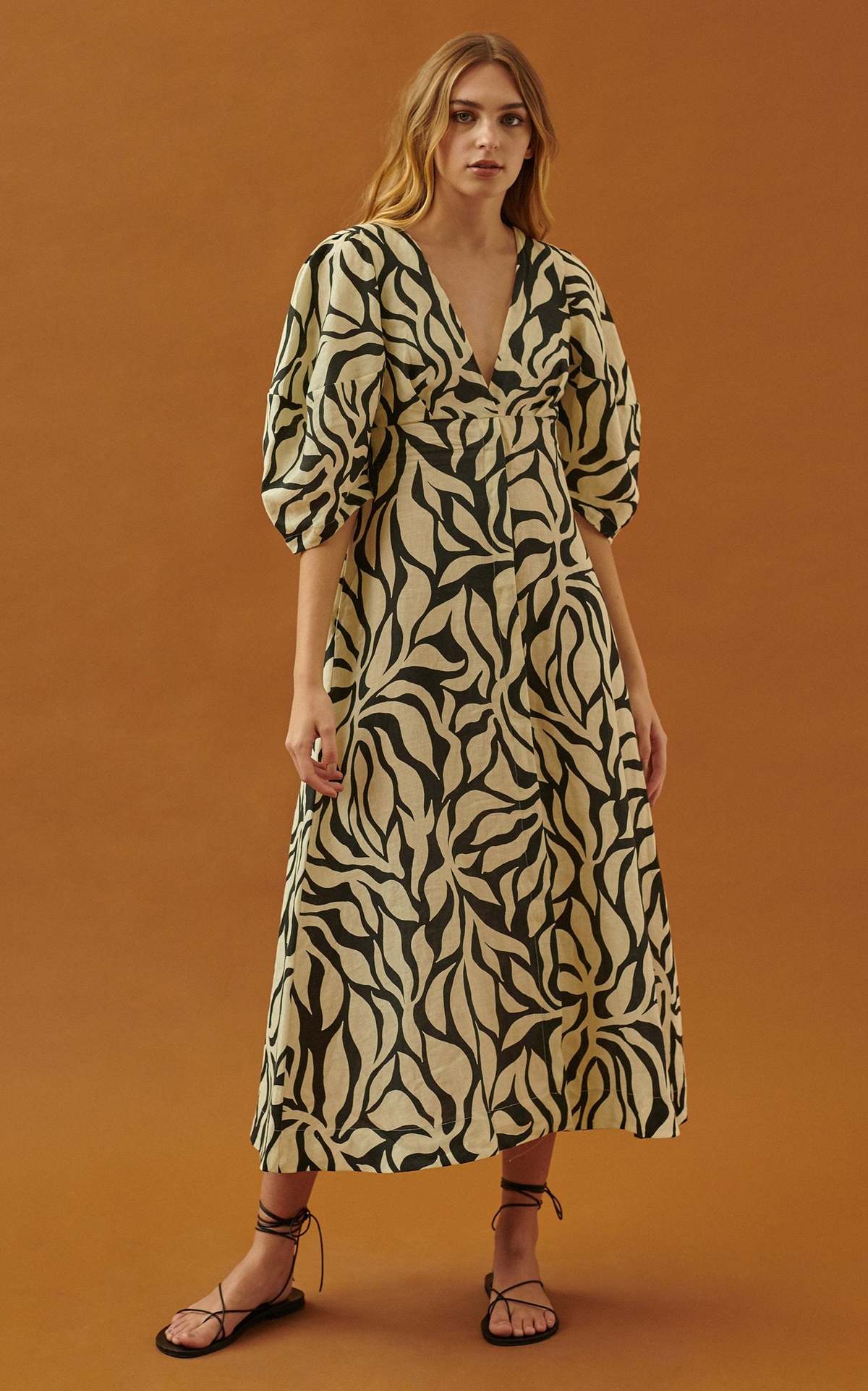 CALA DE LA CRUZ Nane Linen Midi Dress - Black/White - Image 2 of 4