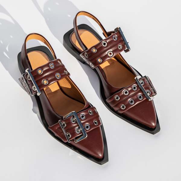 Ganni Wide Welt Buckle Ballerina Shoe - Burgundy | Garmentory