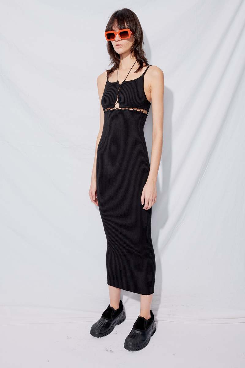 knit dress suspender Long-sleeved knitted suspender coat dress – Lovenne main image 1