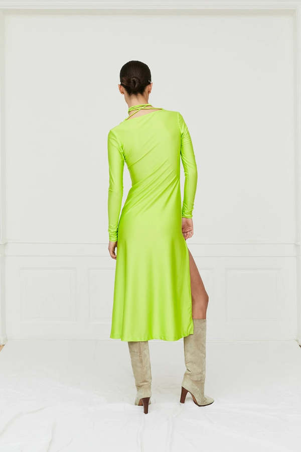 green emerald velvet dress Saks Potts // Green Leather Shearling Coat  VSP Consignment
