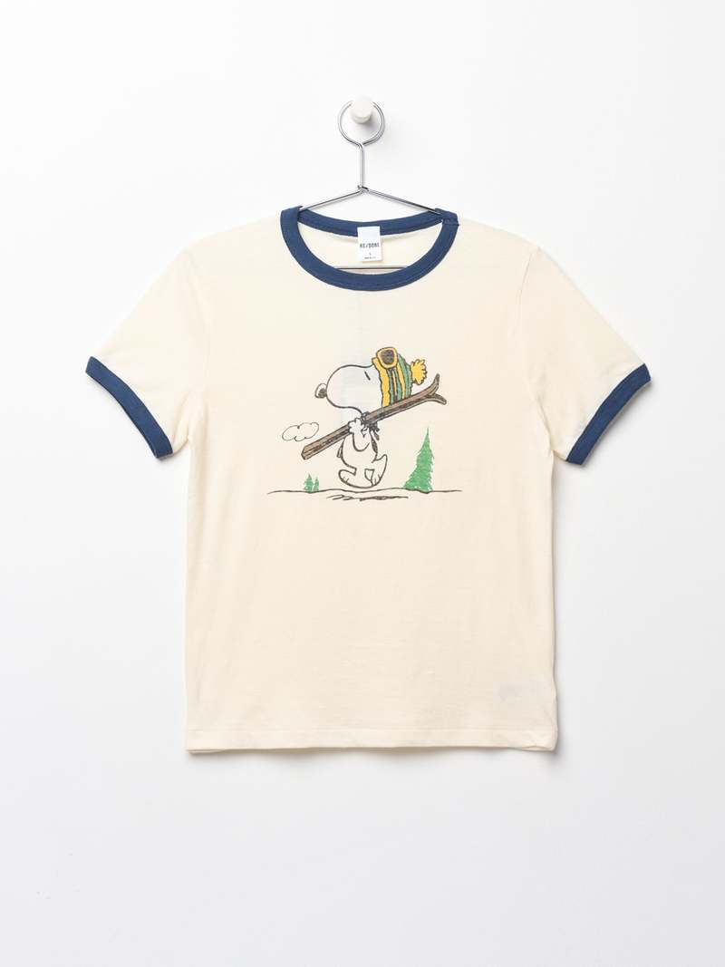 “RE DONE” Snoopy Ski Tシャツ VintageIvory RE/DONE RINGER SKIING SNOOPY TEE - VINTAGE IVORY/MIDNIGHT