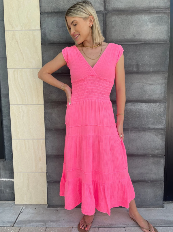 Felicite Smocked Gauze Dress - Hot Pink