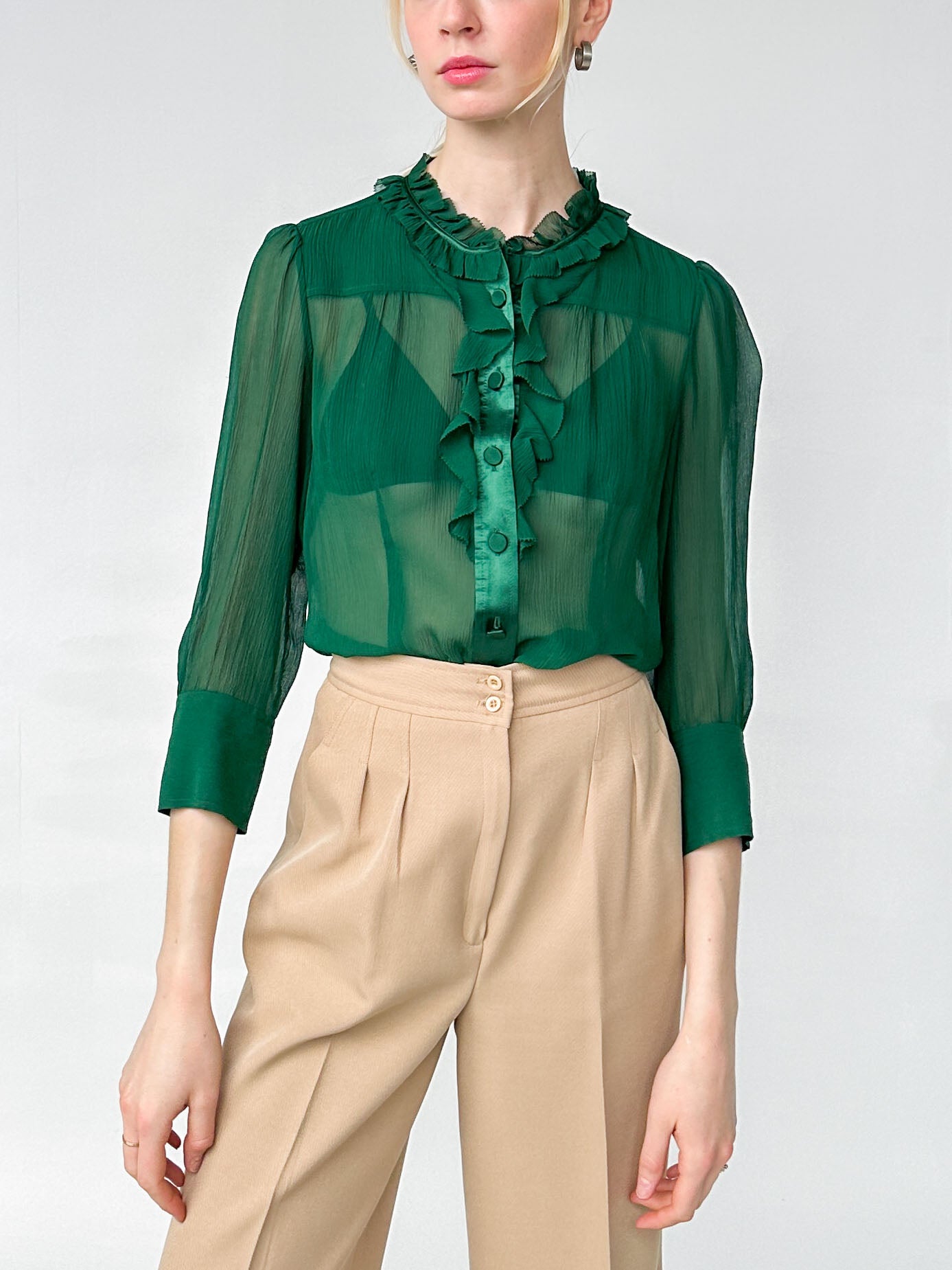 Silk Ruffle Blouse - Green | Garmentory