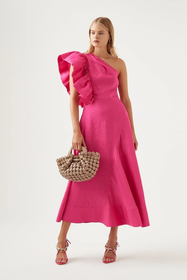 Aje Bonjour Asymmetric Midi Dress - Fuchsia