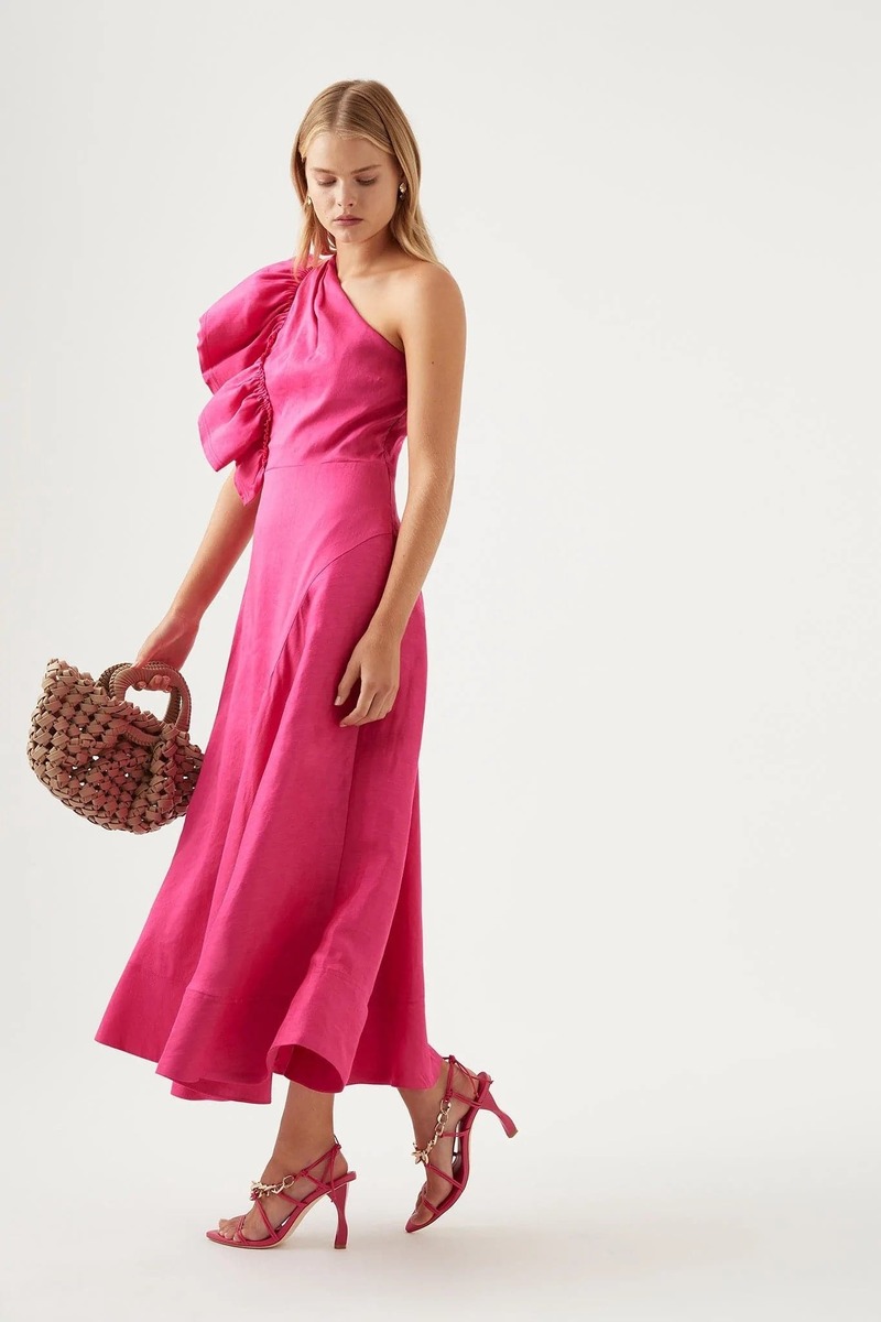 Aje Bonjour Asymmetric Midi Dress - Fuchsia
