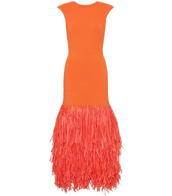 Aje Rushes Raffia Knit Midi Dress - Orange on Garmentory