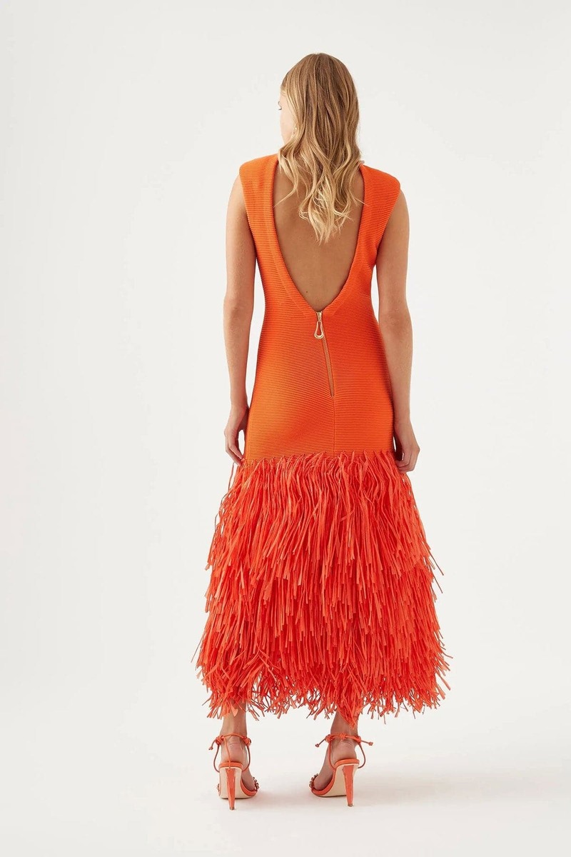Aje Rushes Raffia Knit Midi Dress - Orange | Garmentory