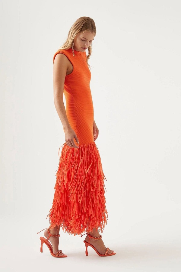 Aje Rushes Raffia Knit Midi Dress - Orange
