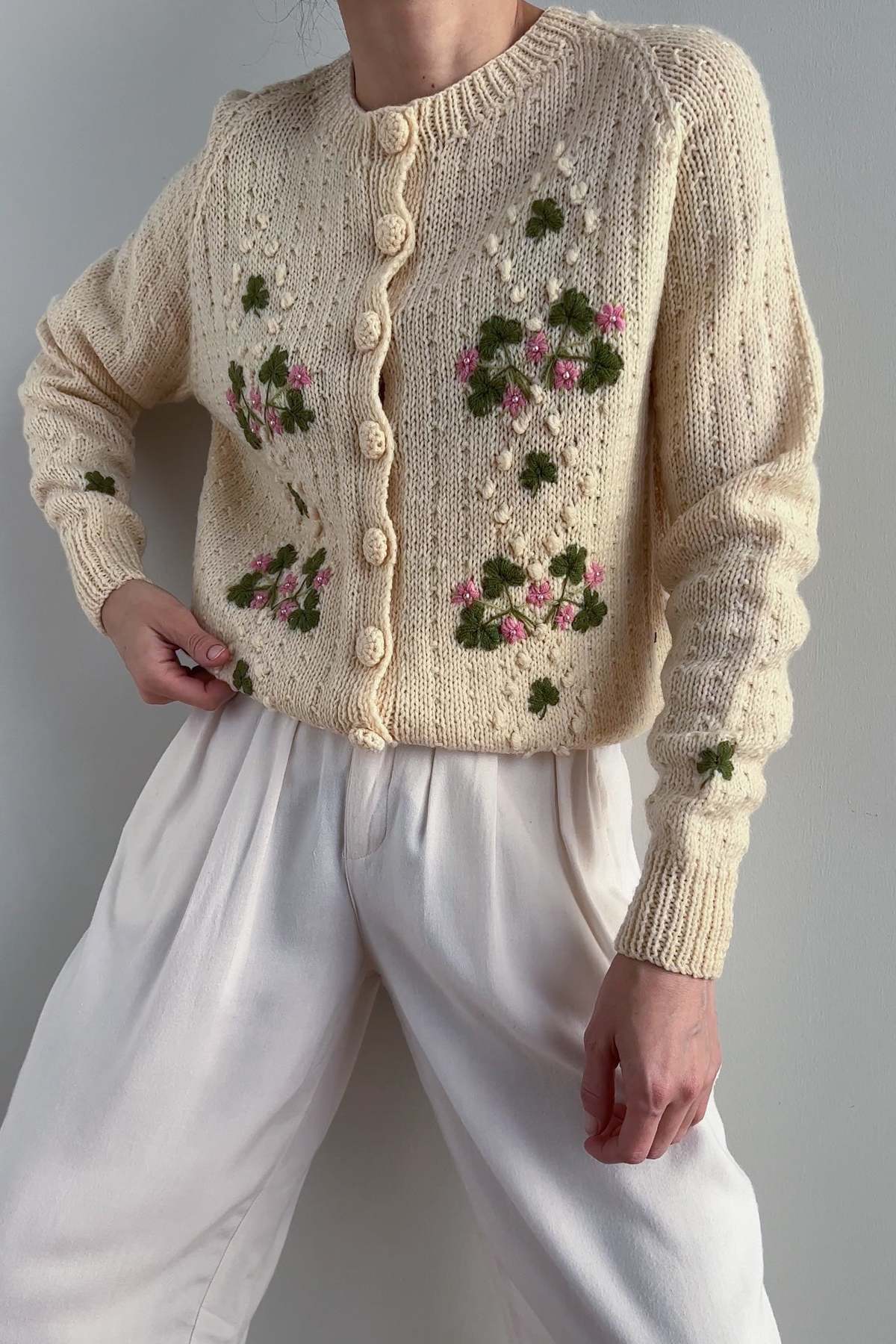 Vintage English Pure Wool Handknit Oxalis Cardigan - Ivory | Garmentory