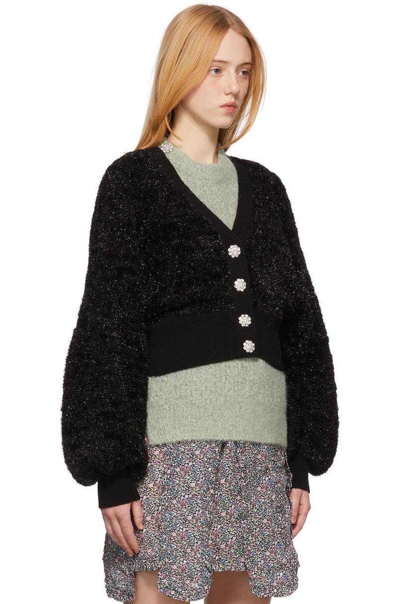 Ganni Sparkle Knit Puff Sleeve Cardigan - Black | Garmentory