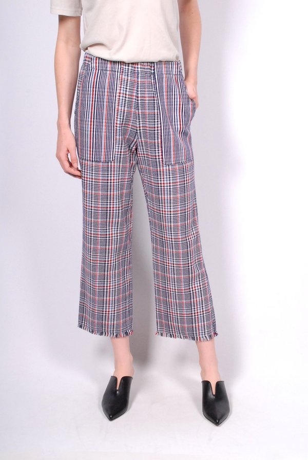 Raquel Allegra Double Face English Plaid Cropped Pant - Ivory/Navy Raquel Allegra Double Face English Plaid Cropped Pant - Ivory/Navy