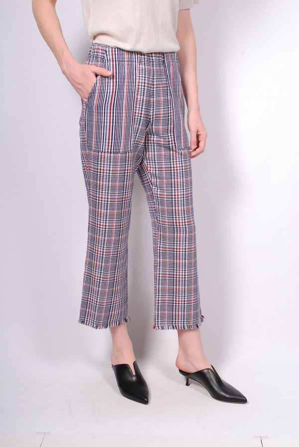 Raquel Allegra Double Face English Plaid Cropped Pant - Ivory/Navy Raquel Allegra Double Face English Plaid Cropped Pant - Ivory/Navy
