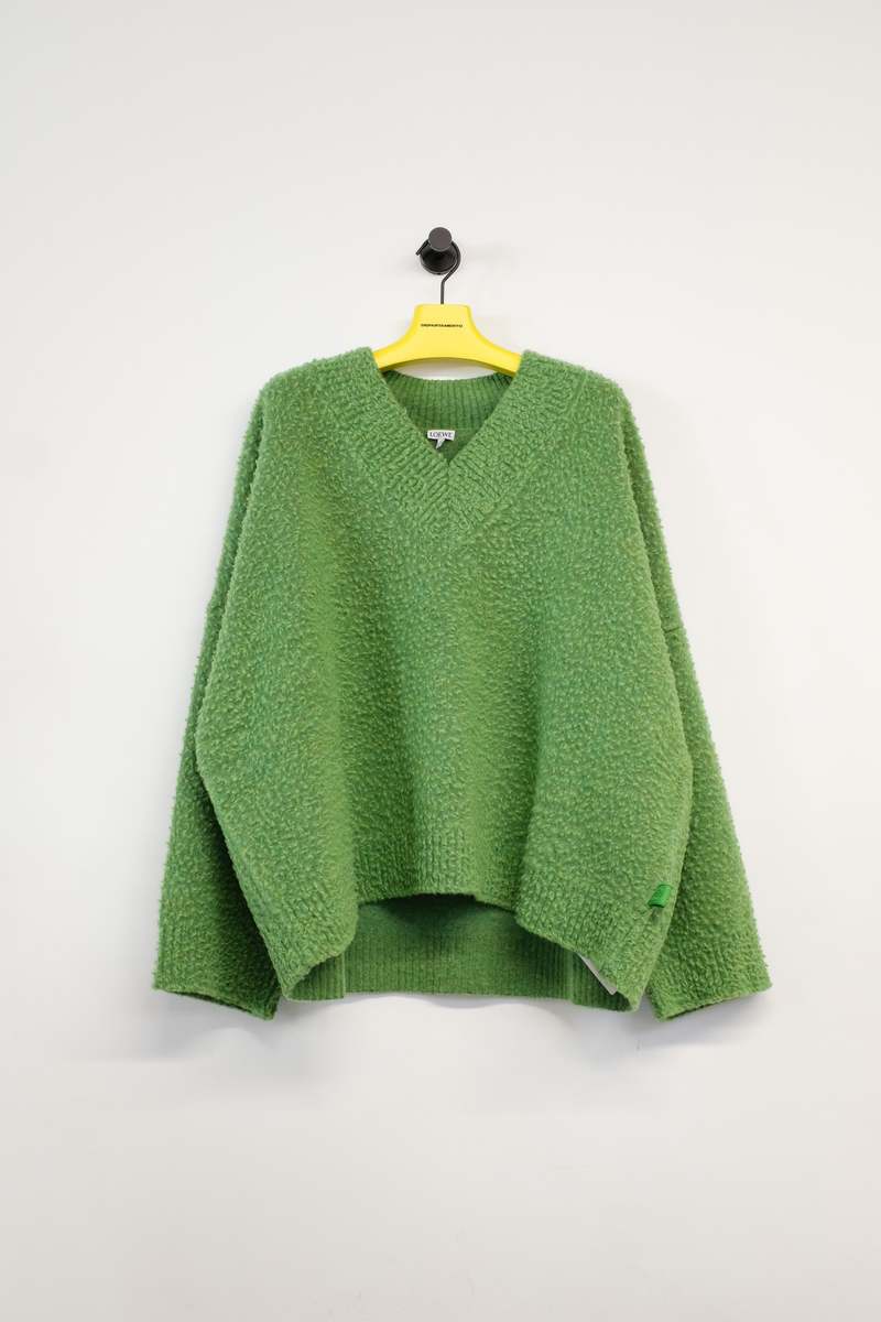 LOEWE Wool V-Neck Textured Sweater - Green Aloe | Garmentory