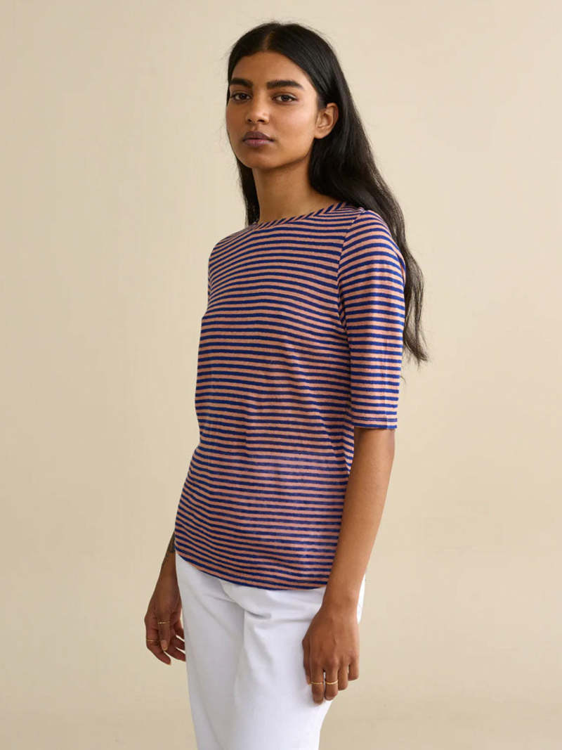 Bellerose Seas Stripe Tshirt Navy/Dusty Pink Garmentory