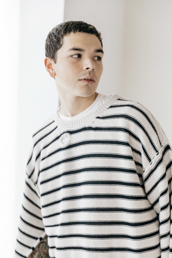 MM6 Maison Margiela Destroyed Sweater - White Stripe | Garmentory