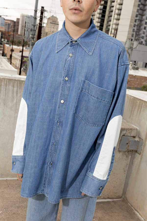 トップス MM6 Oversized Denim Long Sleeve Shirt MM6 Maison Margiela Oversized Denim Shirt with Contrasting