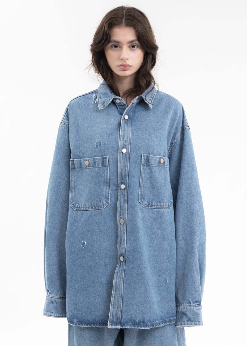 Hed Mayner DESTROYED DENIM SHIRT - BLUE | Garmentory