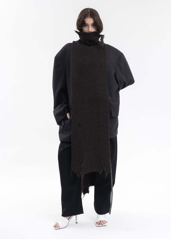 Hed Mayner ASYMETRIC DESTROYED TURTLENECK SCARF - DARK BROWN