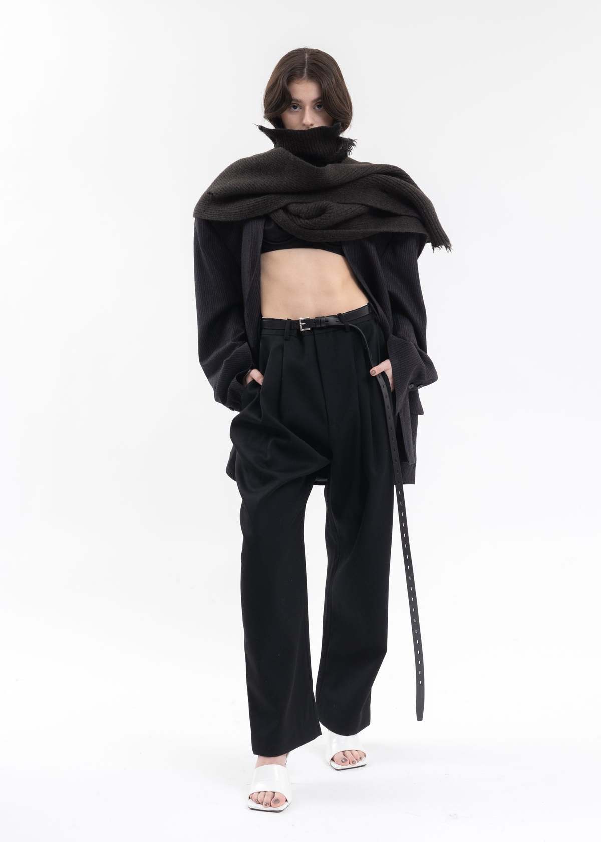 Hed Mayner ASYMETRIC DESTROYED TURTLENECK SCARF - DARK BROWN