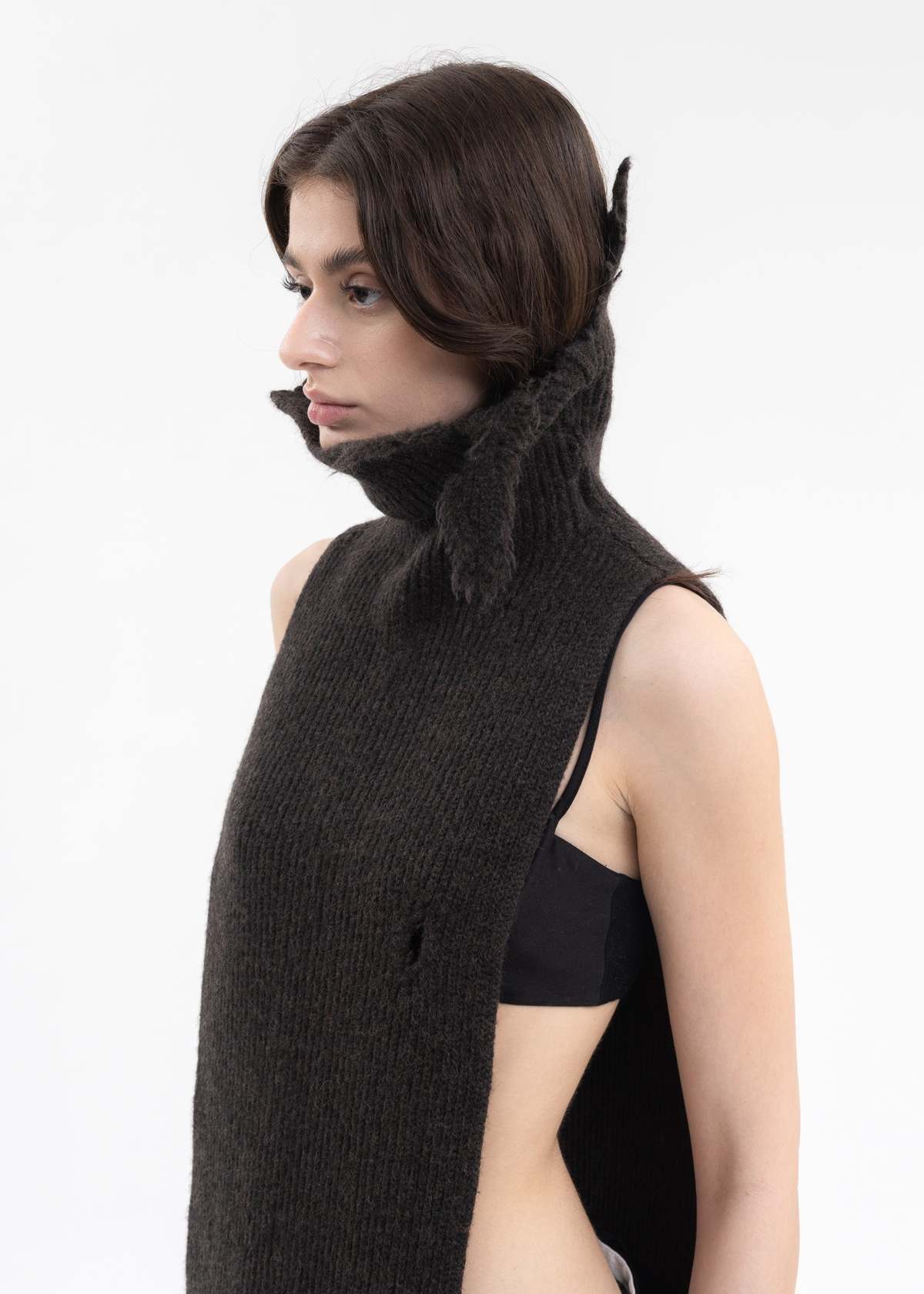 Hed Mayner ASYMETRIC DESTROYED TURTLENECK SCARF - DARK BROWN