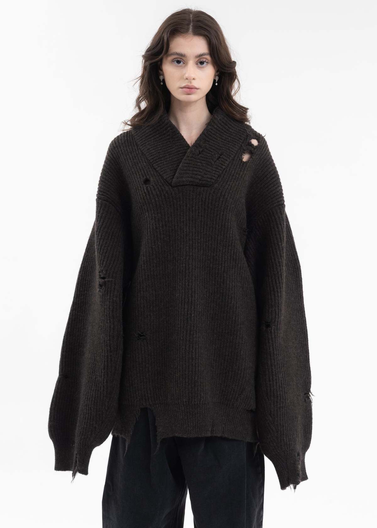 Hed Mayner DESTROYED SHAWL COLLAR SWEATER - DARK BROWN | Garmentory