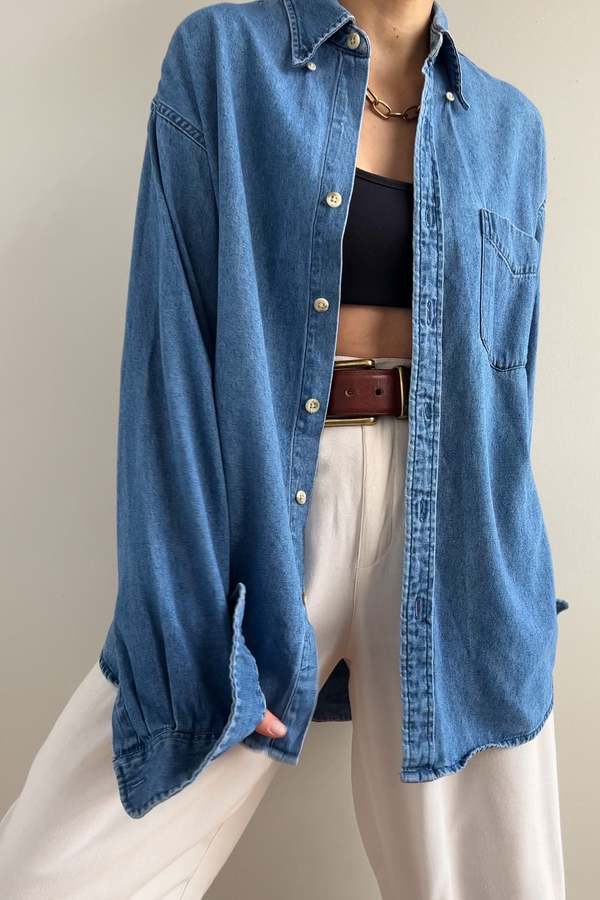 POL Light Wash Denim Patchwork Button Down Top