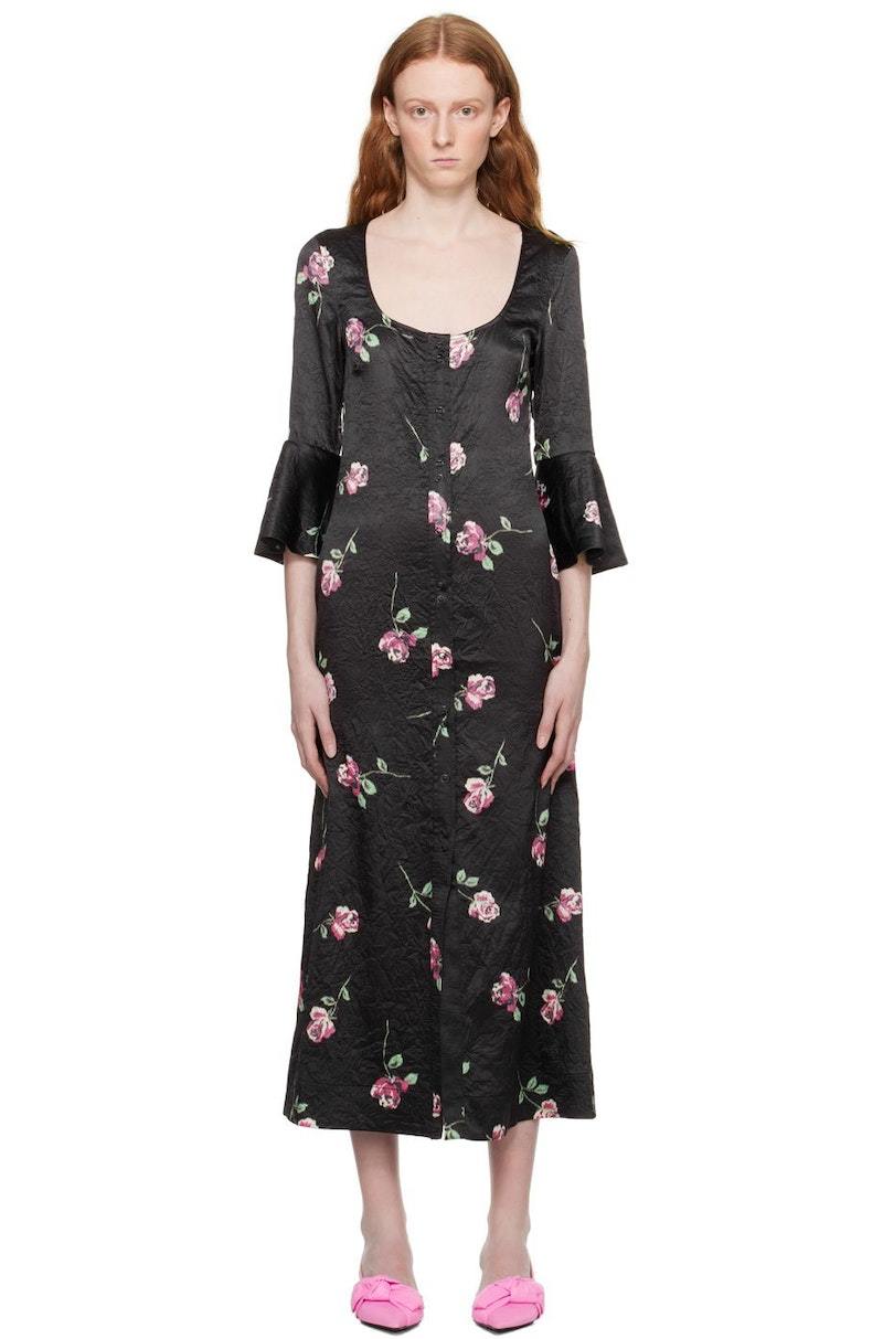 chinese dress ladies Ganni BLUE FLORAL CRINKLED SATIN LONG DRESS