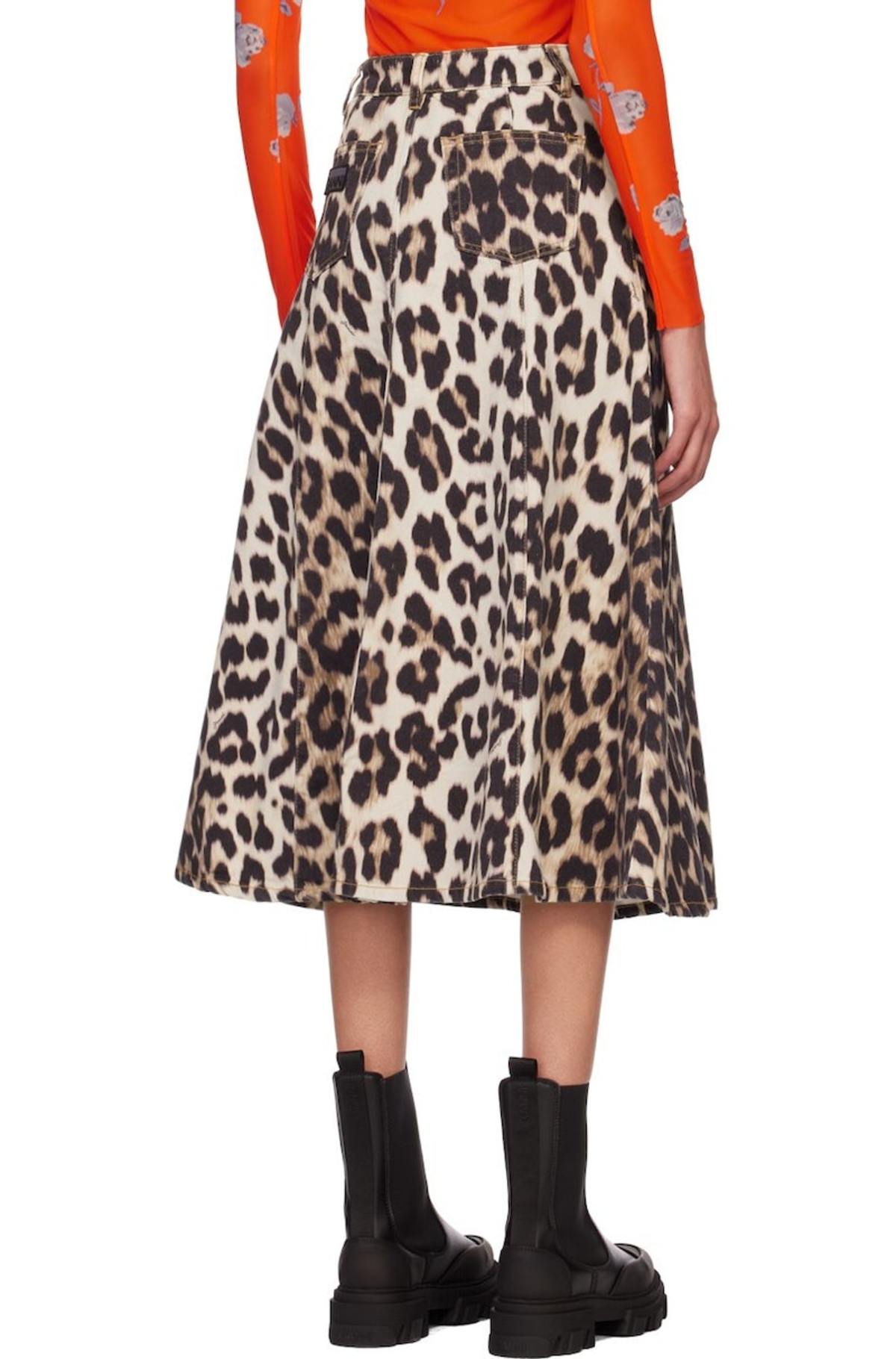 GANNI Print Denim A-Line Skirt in Big Leopard Almond Milk