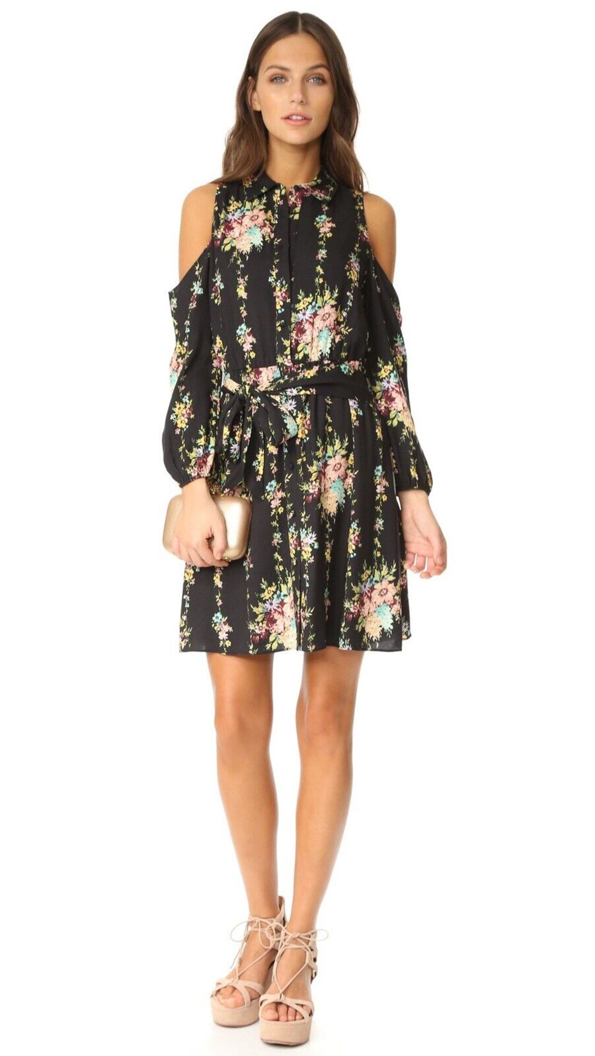 Alice + Olivia Karina Cold Shoulder Buttondown Dress - Vintage Bouquet Black - Image 3 of 4