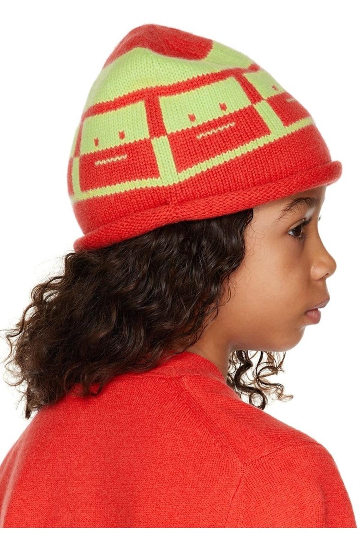 Kids Acne Studios Red and Green Jacquard Beanie Sharp Red/Pale