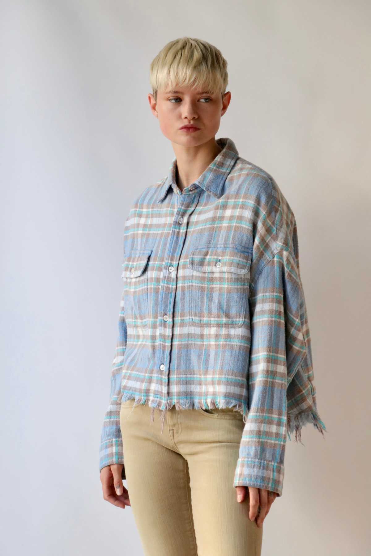 R13 Cropped Work Shirt - Blue/Green Plaid | Garmentory