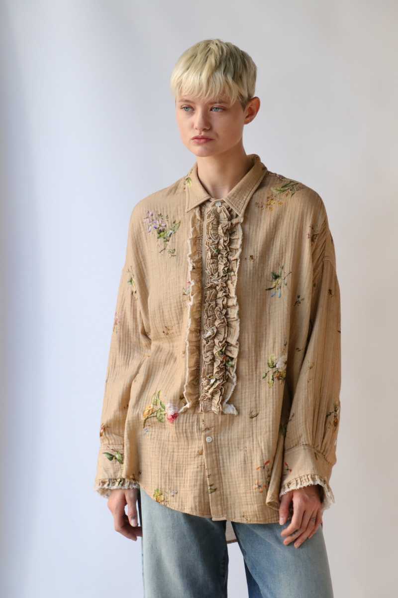 Russeluno I WANT BD 長袖シャツ R13 Drop Neck Tuxedo Shirt - Floral on Khaki | Garmentory