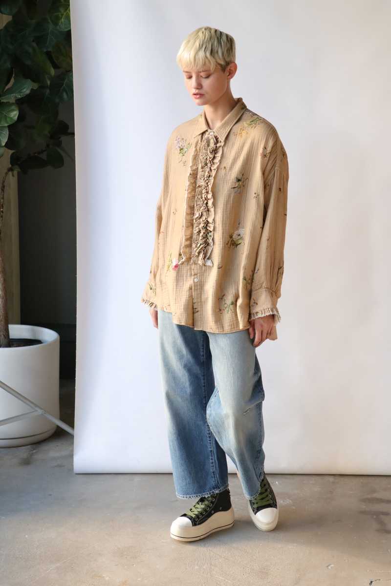 R13 Drop Neck Tuxedo Shirt - Floral on Khaki | Garmentory
